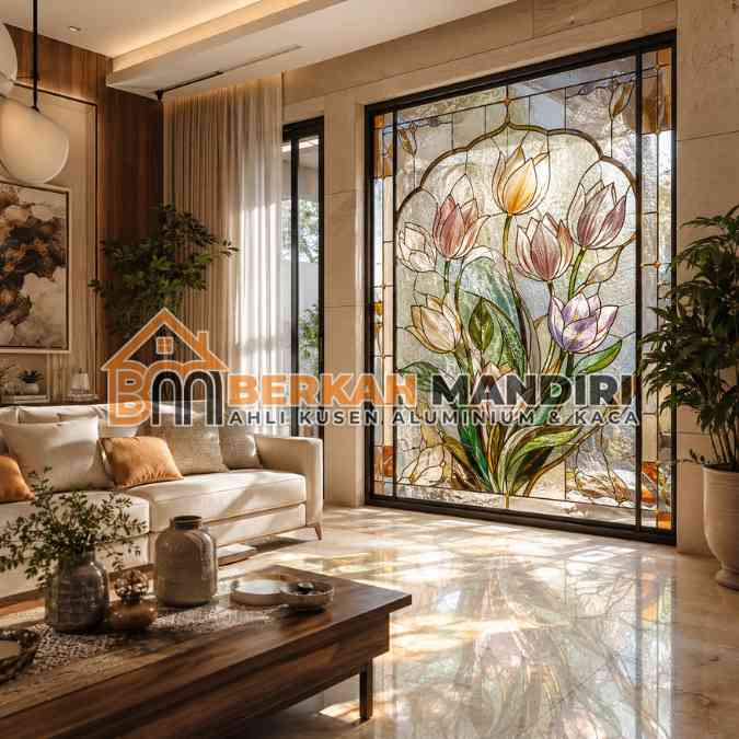 Toko Kaca Patri Bekasi motif bunga tulip elegan awet