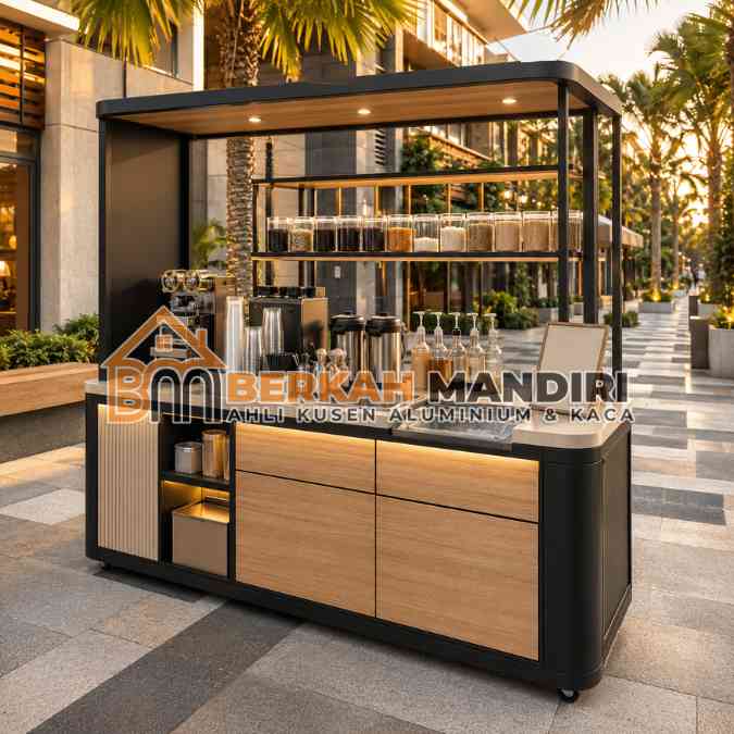 Pembuatan gerobak aluminium kekinian Bekasi booth boba